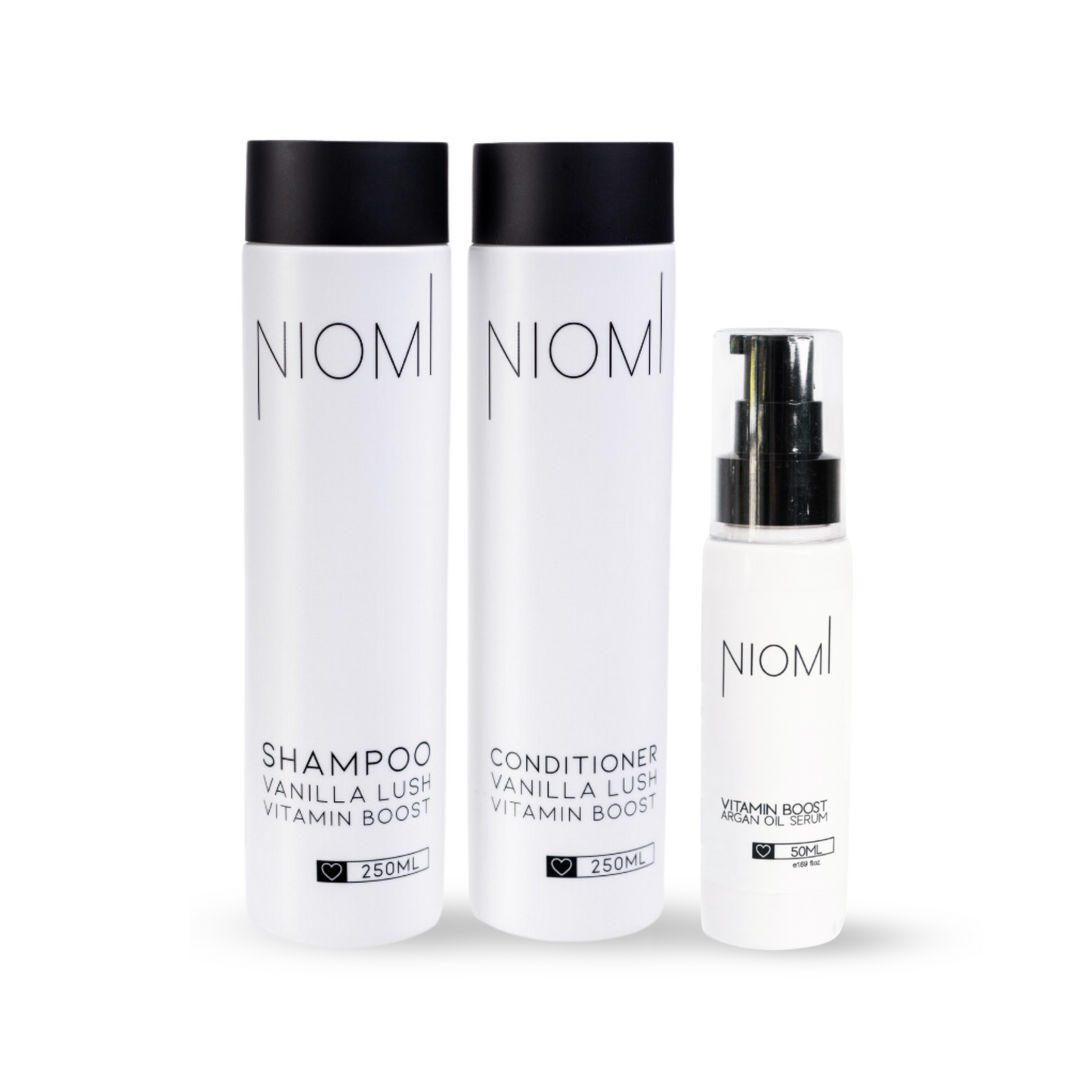 Three NIOMI hair care products on a white background