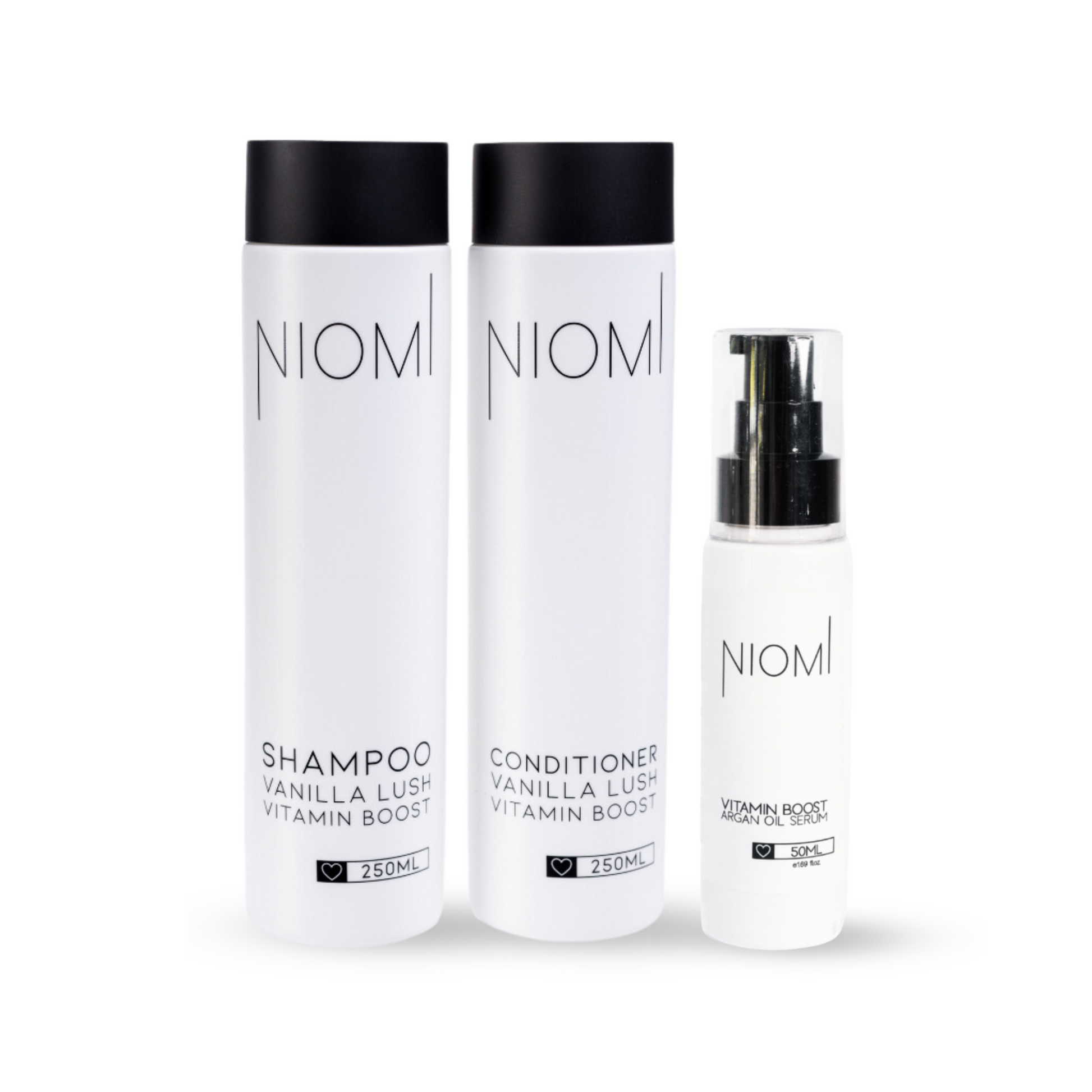 Three NIOMI hair care products on a white background