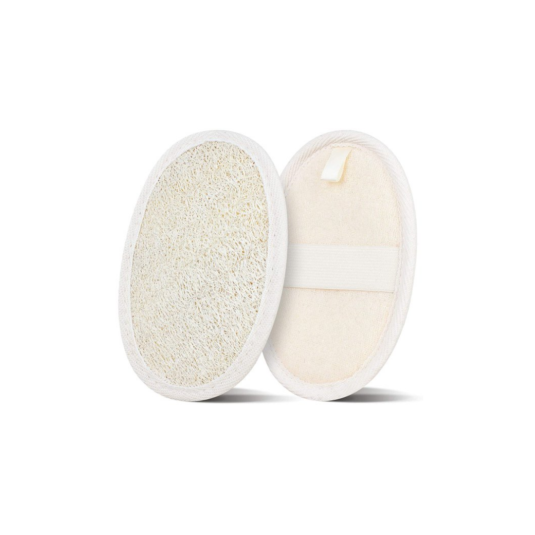 A natural beige loofah skin scrub facial loofah, opened to show the loofah texture, designed for exfoliating and cleaning the skin.
